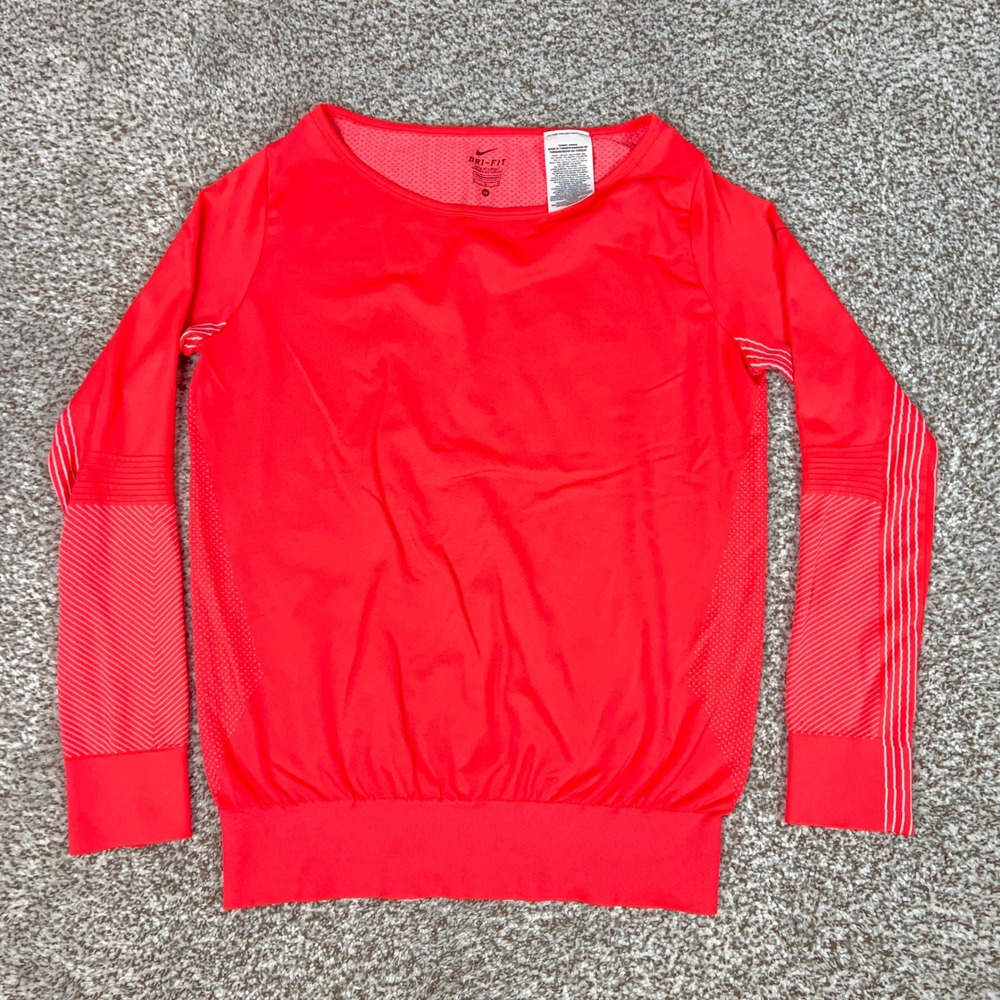 Nike Shirt Womens Medium Orange Dri FIT Running Training Mesh Long Sleeve Sports